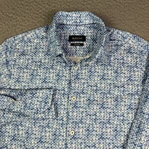 Bugatchi Shirt Mens M Blue Geometric 8-Way Stretch Ooohcotton Tech Long Sleeve